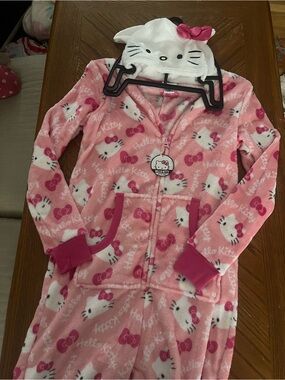Hello Kitty Pink Plush Hooded Onesie Pajamas with Bow Accents
